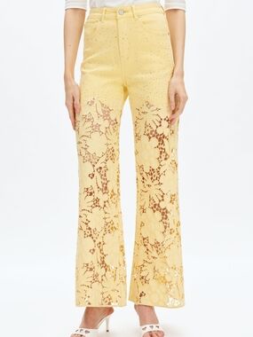 Yellow Lace Floral Cutout High-Waist Jeans